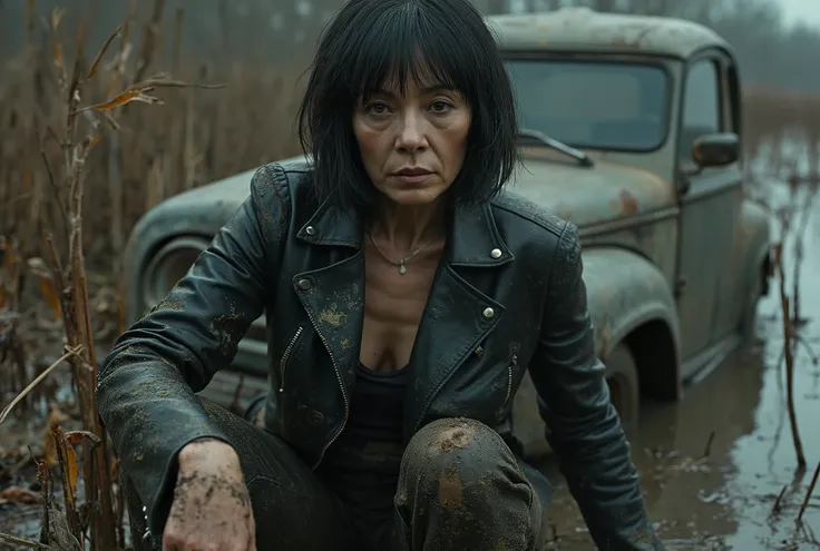 art portrait, ugly mature mom over 40 is stuck in the swamp. faded, the wheels are stuck in viscous mud, muddy vegetation, dirt, black bob haircut. dirty detailed leather biker jacket and dirty leather tight pants. Lust-worn ,reeds, dirty duckweed vegetati...