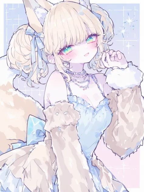 A stylized anime moe furry girl with large, fluffy, pale blonde curly hair styled in twin puffs and delicate light skin. She has soft pink fox-like ears covered in fur atop her head. She wears a pearl necklace and a white, frilled dress with off-shoulder l...
