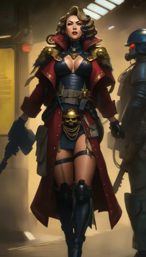 Important (military uniform, bloodborn coat, detective, warhammer 40 000 theme, battle sister, space marine armor, very wide hips, thicc lower body, big breast):
Scene (space ship corridor):
Character Face ( focused, red chicks, glowing pupils, make up, au...