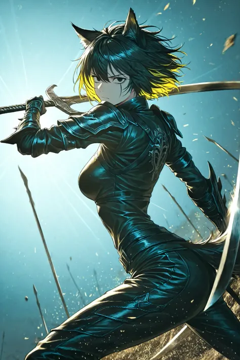 mad-neonbody,(lappland:0.85),multicolored hair, black hair, yellow hair, black eyes, short hair,BinahPM,partially, two-tone lighting, (looking at viewer, side shot:0.72), dynamic shot, dynamic pose, warrior, (medium shot, three quarter shot:1.1), (1girl:0....