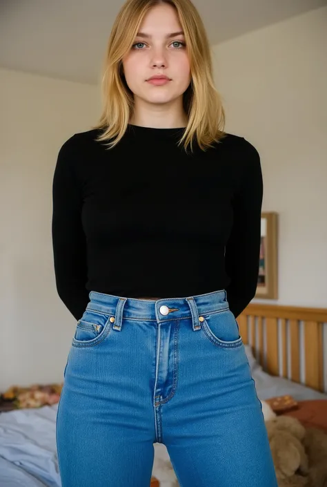 tgnd,exceptionally tall young adult woman, youthful, towering above viewer, girl next door vibes, blonde hair, straight mid-length bob, middle part, no makeup, vivid striking blue eyes, tight form-fitting fine ribbed black longsleeve crew-neck top, tucked ...