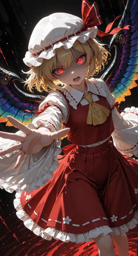 masterpiece,best quality,1girl,solo,film grain,depth of field,collared shirt,short hair,frills,yellow ascot,petticoat,outstretched hand,red eyes,ascot,dutch angle,long sleeves,foreshortening,ribbon-trimmed headwear,feet out of frame,mob cap,glowing eye,fro...