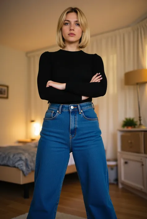 tgnd,exceptionally tall young adult woman, youthful, towering above viewer, girl next door vibes, blonde hair, straight mid-length bob, middle part, no makeup, vivid striking blue eyes, tight form-fitting fine ribbed black longsleeve crew-neck top, tucked ...