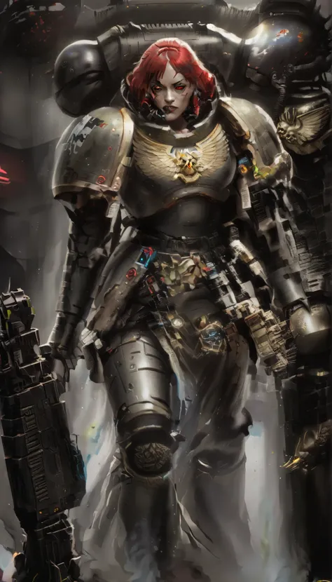 Important (military uniform, bloodborn coat, detective, warhammer 40 000 theme, battle sister, space marine armor, very wide hips, thicc lower body, big breast):
Scene (space ship corridor):
Character Face ( focused, red chicks, glowing pupils, make up, au...