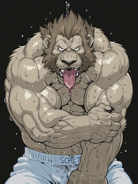by nightterror, score_9_up,score_8_up,score_7_up,score_6_up,score_5_up,score_4_up BREAK, upper body, solo BREAK 1boy, 

kemono, bara, furry, Heinkel, 1boy, anthro, lion, mature male, athletic build, black eyes, brown hair, tan body, animal ears, 
huge (mus...
