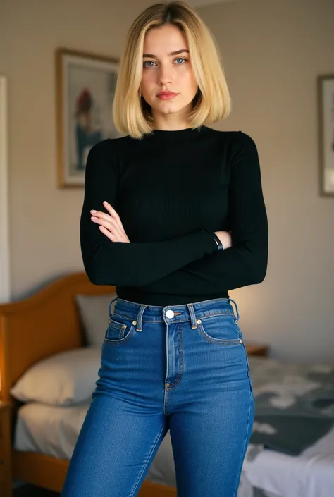 j7l14,tgnd,tgnd,exceptionally tall young adult woman, youthful, towering above viewer, girl next door vibes, blonde hair, straight mid-length bob, middle part, no makeup, vivid striking blue eyes, tight form-fitting fine ribbed black longsleeve crew-neck t...