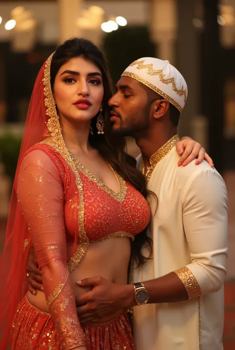 A beautiful Curvy Hindu Indian voluptuous woman, Fair skin tone, lusty and horny face expression, in Glossy Red Silk Crop Top Dress, Red Silk Veil, revealing waist and pierced Navel, Glossy Red Lipstick, Pierced Nose, extreme intimacy with an 80 year Old E...