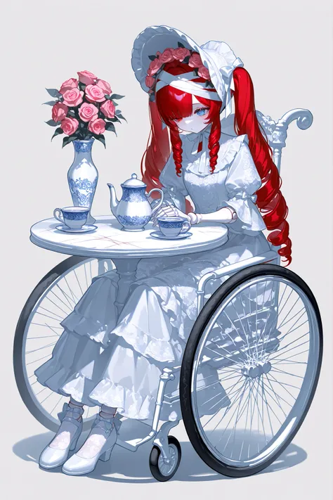 (xxx667_illu,doll joints,) Alive doll-girl, petite vintage cute porcelain articulated doll. Her body is made of white porcelain and joints of her limbs are doll-like hinges. There's a crack marks on her porcelain face. She has scarlet red kinky hair is st...