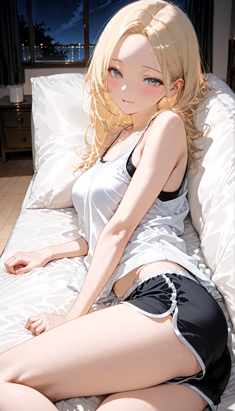 top quality, masterpiece, ultra-precise, top quality, bold line, masterpiece:1.3, A beautiful, mature women with a perfect body, slender, light black eyes, long blonde hair, forehead, no bangs, (Women's summer sleeveless thong tank top) , (Black dolphin s...