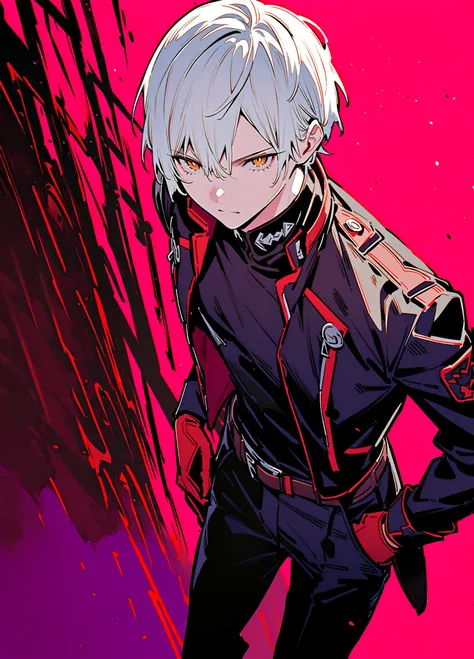 1boy, solo, male focus, white hair, jacket, pants, belt, looking at viewer, red theme, open jacket, long sleeves, gloves