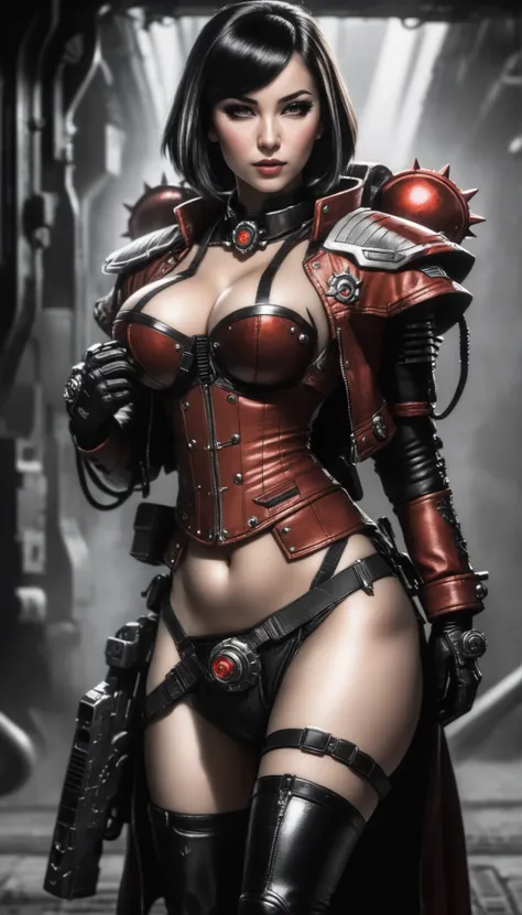 Important (military uniform, bloodborn coat, detective, warhammer 40 000 theme, battle sister, space marine armor, very wide hips, thicc lower body, big breast):
Scene (space ship corridor):
Character Face ( focused, red chicks, glowing pupils, make up, au...
