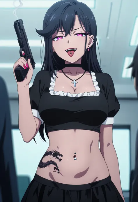 masterpiece, best quality, amazing quality, depth of field, long hair, black hair, purple eyes, , nail polish , , makeup , ear piercing , long hair , lipstick , Hot girl , baddie , smoking , sensual , attractive , choker , cross necklace ,,tongue piercin...