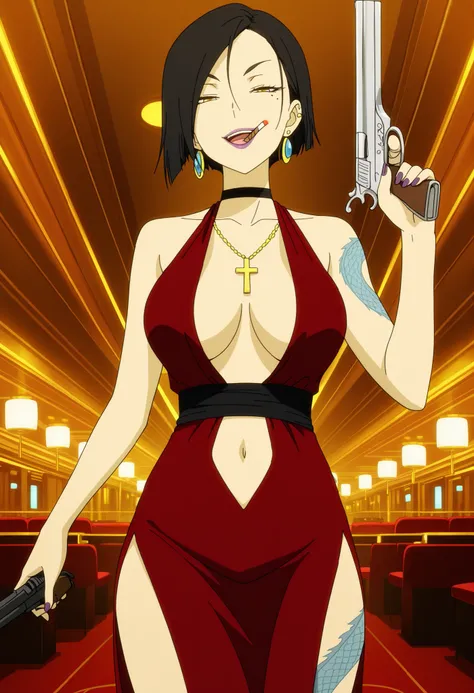 masterpiece, best quality, amazing quality,, aria sanka, short hair, , black hair, mole, mole under eye, makeup, mature female,, anime screencap, dress, jewelry, earrings, necklace, no bra, red dress, lipstick, collarbone,, slooking at viewer, holding, h...