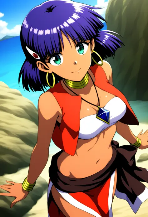  nadia_la_arwall, an anime girl, 1girl, solo, medium breasts, looking at viewer, long hair, bangs, hair ornament, navel, jewelry, green eyes, purple hair, cowboy shot, earrings, parted lips,rouge lips, hairclip, midriff, dark skin, necklace, vest, bracelet...