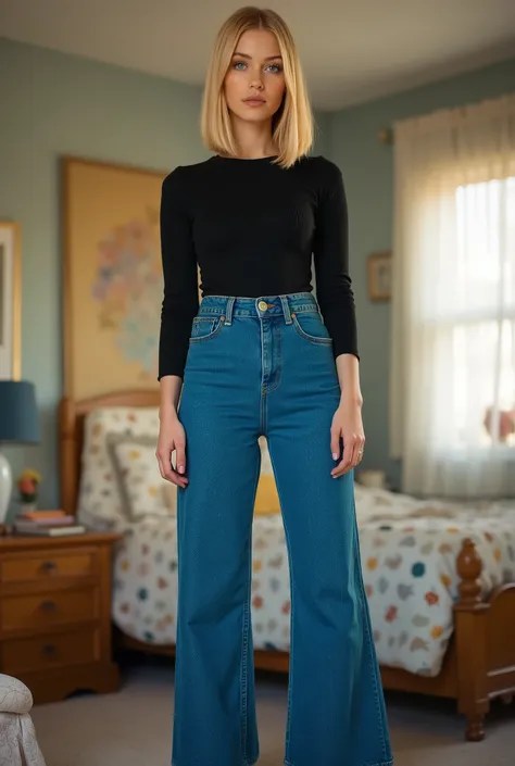 tgnd,exceptionally tall woman, youthful, towering above viewer, imposing vertical presence, long legs, elongated figure, girl next door vibes, blonde hair, straight mid-length bob, middle part, no makeup, vivid striking blue eyes, tight black ribbed longsl...
