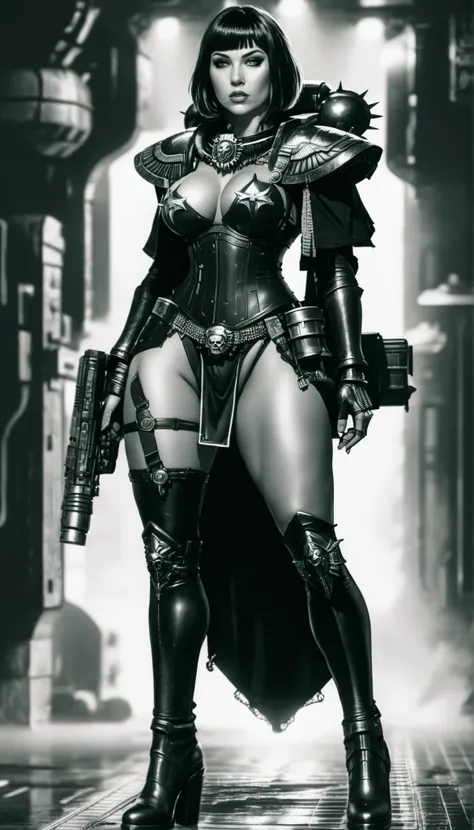 Important (military uniform, bloodborn coat, detective, warhammer 40 000 theme, battle sister, space marine armor, very wide hips, thicc lower body, big breast):
Scene (space ship corridor):
Character Face ( focused, red chicks, glowing pupils, make up, au...