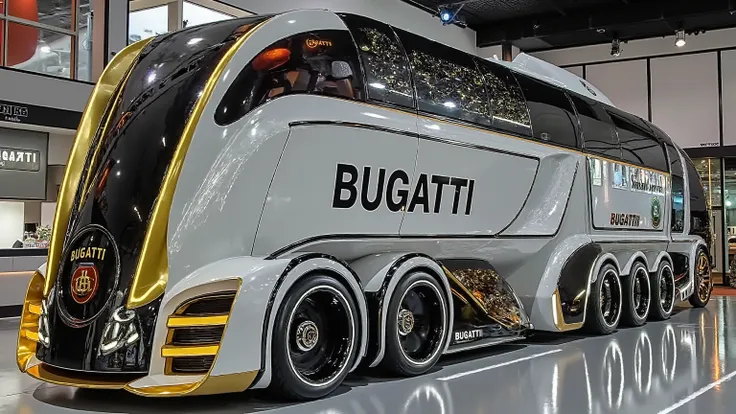 A futuristic ultra-luxury Bugatti truck concept displayed in a modern showroom. The truck has a sleek, aerodynamic, and futuristic design with a glossy black and white body accented by gold trim. The word 'BUGATTI' is boldly written on the side in large bl...
