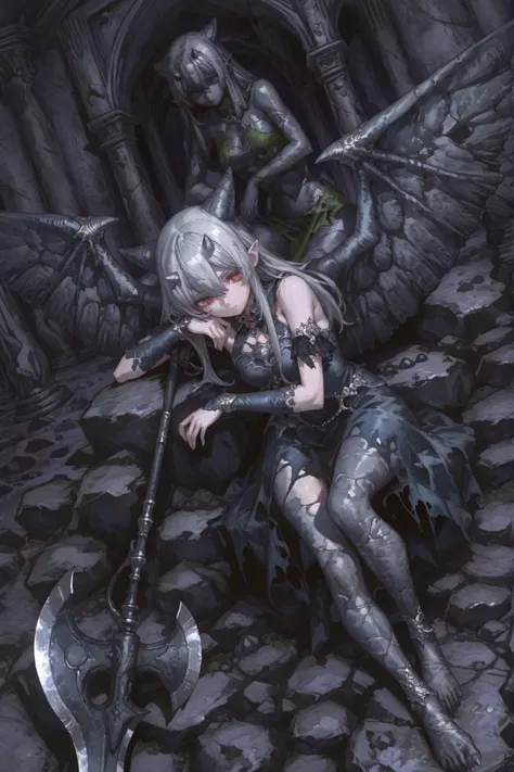 High Definition ,High Quality , dynamic angle, one girl,  stone gargoyle girl, long silver-gray hair, smooth texture like marble, large stone wings like a pterosaur(2 meters wingspan), pointed ears and small horns(5cm), eyes with a shine like obsidian, sho...