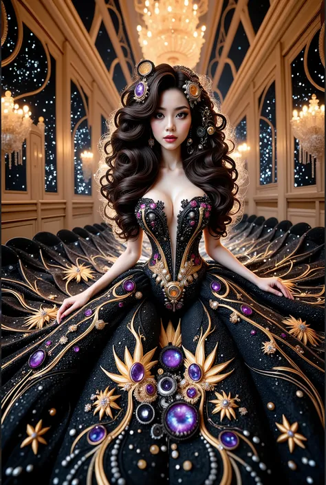A cute asian idol girls white-skinned, blue-eyed, thin lips, shadow eye, eyelashes, Gigantic fake boobs, Breast Press, small waist, slim body, asian girls in a strapless dress sitting in space, galaxy motif on dress, UHD, luxurious mechanism dress, ornate ...