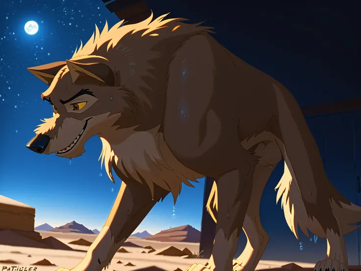 baltotwd, wolfdog, balto, brown eyes, yellow sclera, solo, detailed, detailed face, feral, male, adult, heavyweight, very muscular, (desert background, night, night sky, black night, black sky, starry sky):1.1, beautiful lighting, taran fiddler style, blot...