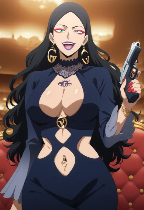 BNHDeborahGollini, black hair, green eyes, long hair, large breasts, makeup, lipstick, purple lips, red eyeshadow, long fingernails, nail polish, red nails, , crescent earrings, wide hips, curvy, detailed eyes, detailed hair, detailed skin, looking at view...