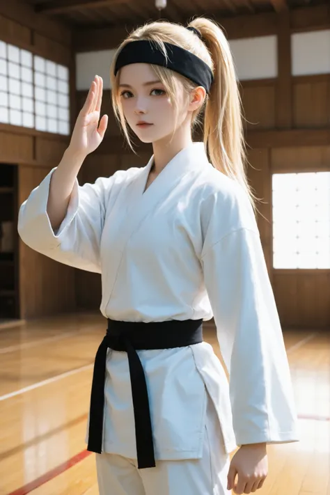 1girl, blonde hair, ponytail, black headband, gi, karate outfit, dojo, posing