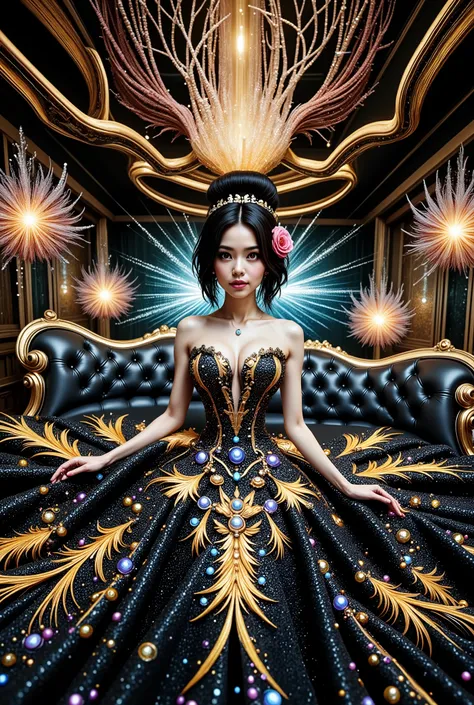 A cute asian idol girls white-skinned, blue-eyed, thin lips, shadow eye, eyelashes, Gigantic fake boobs, Breast Press, small waist, slim body, asian girls in a strapless dress sitting in space, galaxy motif on dress, UHD, luxurious mechanism dress, ornate ...