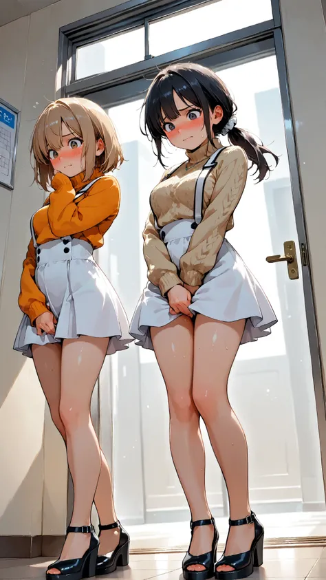 score_9, score_8_up, score_7_up, score_6_up, score_5_up, score_4_up, (extremely detailed and high-quality illustration), (best lighting effects, ultra-realistic), BREAK, (two girls separated), waiting in line for bathroom, outside of bathroom door, beautif...