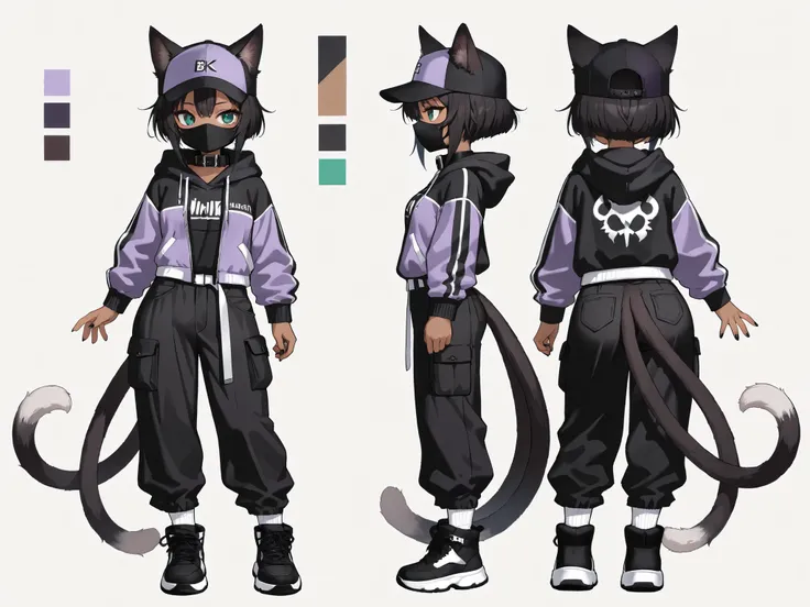 (masterpiece, detailed:1.2), 1girl, animal ears, animal tail, baggy pants, bakeneko, baseball cap, belt collar, black collar, black hair, black hat, black hoodie, black jacket, black pants, black nails, breasts, cargo pants, cat ears, cat girl, cat tail, c...
