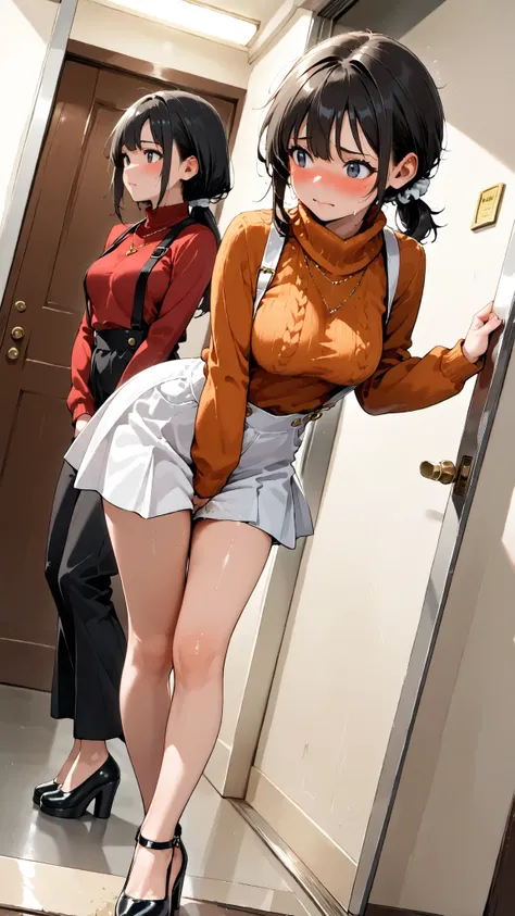 score_9, score_8_up, score_7_up, score_6_up, score_5_up, score_4_up, (extremely detailed and high-quality illustration), (best lighting effects, ultra-realistic), BREAK, (two girls separated), waiting in line for bathroom, outside of bathroom door, beautif...