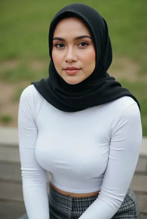 a realistic photo of a beautiful Indonesian woman, wearing black hijab. Confident look, wearing a tight white T-Shirt, round medium-sized breast, soft natural lighting, sitting on bench, outdoor, closed-up above waist shot, facing camera directly, High qu...