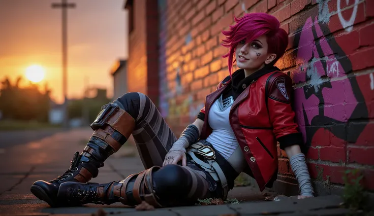 Vi: League of Legends/ARCANE, FEMALE/WOMAN, tattoo, neck tattoo, nose ring, ear piercing, red/magenta undercut hairstyle, red leather jacket, arms and hands bandaged, VI tattoo on her cheek, side shot, sitting with her back against a brick wall filled with...
