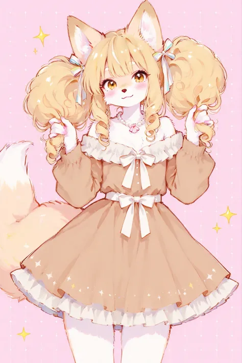 A stylized anime moe furry girl with large, fluffy, pale blonde curly hair styled in twin puffs and delicate light skin. She has soft pink fox-like ears covered in fur atop her head. She wears a pearl necklace and a white, frilled dress with off-shoulder l...