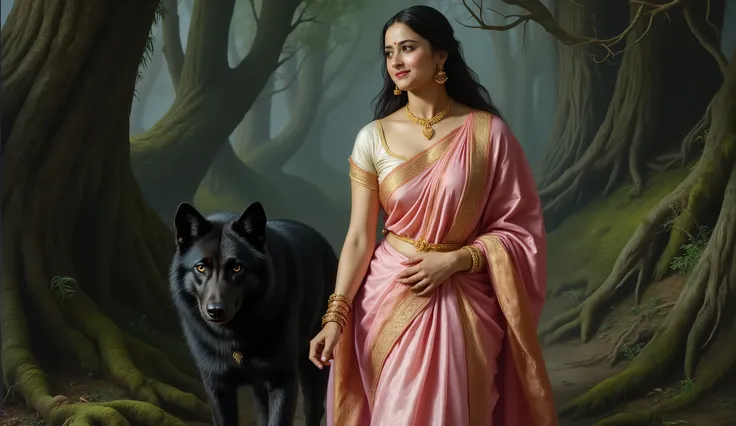 Full hd elegant picture of princess wearing wet pink saree and wet half sleeves pink blouse walking with black wolf in the scary forest full picture