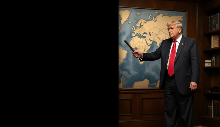 "Photorealistic YouTube thumbnail, split into two halves. Right side: Donald Trump standing in a classic presidential office, pointing with a stick at a large wall map of the world, with Alaska clearly highlighted. Trump should look realistic, serious, and...