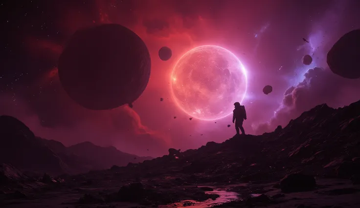 An astronaut floating silently near an abandoned space station orbiting a dying star. Debris drifts slowly in zero gravity, illuminated by the eerie red and violet hues of the collapsing star. The background is filled with scattered asteroid fields and dis...