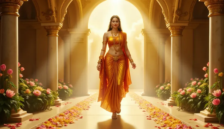 The scene opens with a golden glow as the gates of Swarg (heaven) appear, shining with divine light.
Marble floors sparkle like crystal, and the air is filled with soft clouds and glowing lotuses.
A radiant Apsara emerges, dressed in shimmering silk garmen...