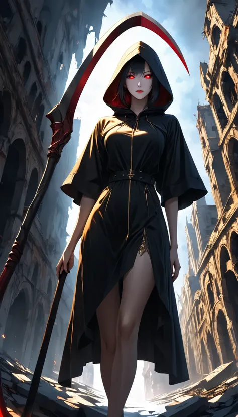 ((a woman with hollow eyes, Dynamic immersive portrait composition, from below:1.37), Alone, Detailed black robe, (beautiful detailed face, a seductive gaze that can be seen slightly through the hood,Clear red eyes, drop shadow on expression)),Weakness in ...