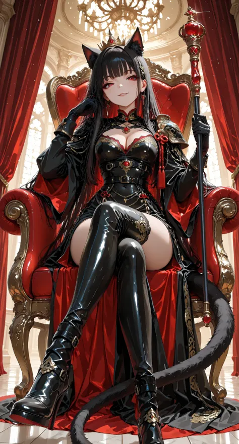 1girl, age 24, cat ears and long sleek tail with red ribbon and gold ornament, very large bust, dominant and alluring,
long black straight hair with front bangs covering part of forehead, deep red piercing eyes,
black fluffy cat ears with dark red inne...