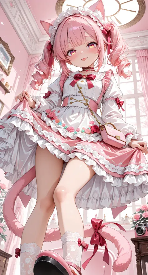 1girl, age 18, cat ears and fluffy tail with ribbon, very large bust, sweet and playful,
semi-long pink-gold twintails with fluffy curls, big candy-pink sparkling eyes,
fluffy white-pink cat ears with rose-pink inner fur, fluffy tail with ribbon tied a...
