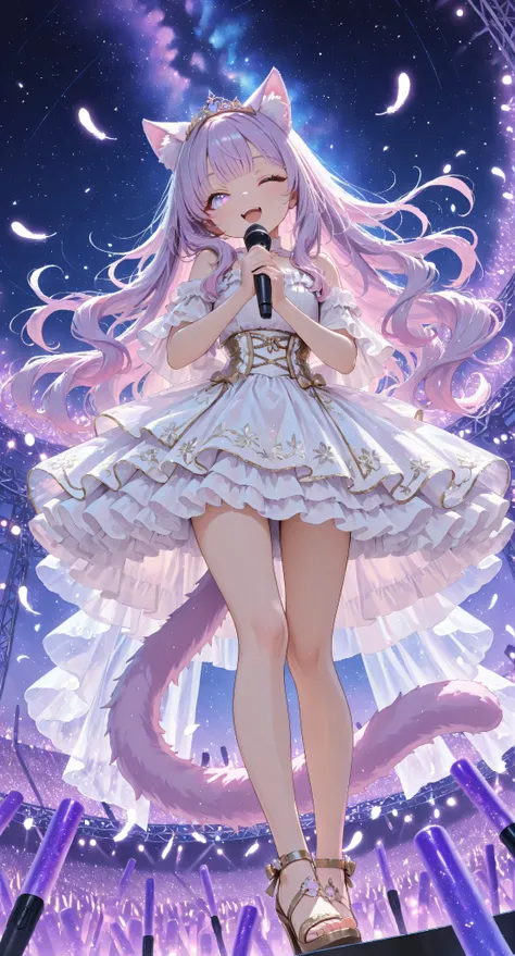 1girl, age 19, cat ears and long fluffy tail with bell, very large bust, bright and alluring,
long lavender wavy hair with soft front bangs, sparkling lavender gradient eyes,
fluffy lavender cat ears with pale pink inner fur, long fluffy tail with smal...