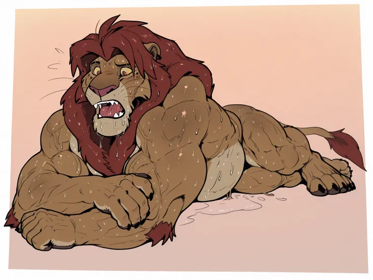 The Lion King 1994, by nightterror,  (4k, hi res, detailed face, detailed, Best quality, masterpiece, detailed anatomy, detailed eyes, perfect face), by Mcfan, 1male, (solo), (feral), full body, s1mb4, lion, Simba, heavy, adult, matured, masculine, muscula...