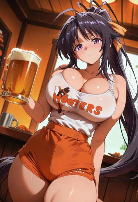 highres, hi res, best quality, masterpiece,, anime coloring, 1girl, large breasts, thick thighs, narrow waist, HootersUniform, employee uniform, short shorts, orange shorts, tank top, white shirt, cleavage, nervous, light smile, dutch angle, naughty pose, ...