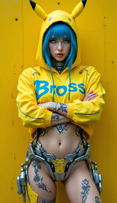 Fine Detailed, OBbllai, PosingDynamicsDaal, aidmaHandsPOV A hyper-realistic portrait of a cybernetic woman standing confidently in front of a vibrant yellow industrial wall. **Her arms are casually crossed, mechanical fingers tucked under her elbows, as sh...