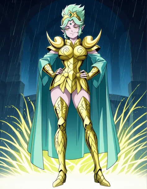 (((Highest Quality)), (Saint Seiya Style), anime Girl, female, 1girl, solo, large breast, thighs, hips, light pale skinned, standing, full body, hips, thighs, Smug, (Mint green hair), golden yellow eyes, High ponytail, short hair, (slipped back hair bangs)...