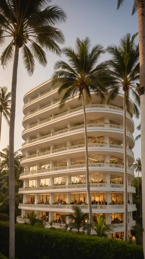 modern luxury hotel, white structure frame, coconut trees, greenery landscape, in the center of city, crowded people, clear sky, sunset time, warm lighting RAW Photo, RAW texture, Super Realistic, 32K UHD, DSLR, soft lighting, high quality, film rating, Fu...