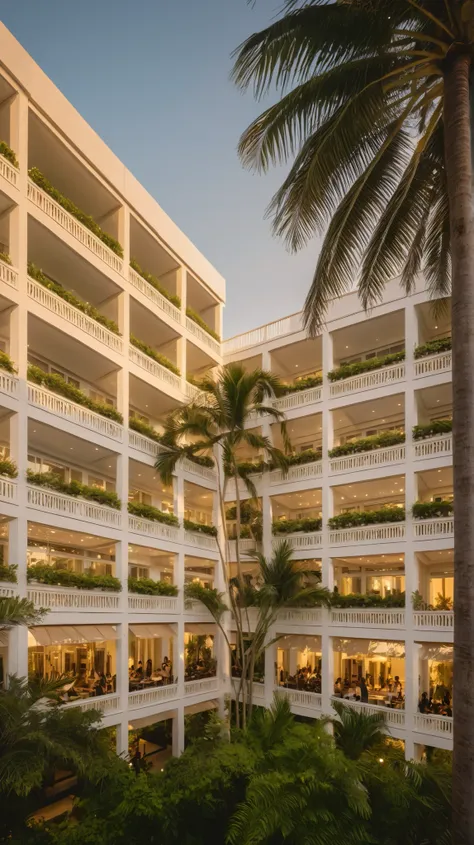 modern luxury hotel, white structure frame, coconut trees, greenery landscape, in the center of city, crowded people, clear sky, sunset time, warm lighting RAW Photo, RAW texture, Super Realistic, 32K UHD, DSLR, soft lighting, high quality, film rating, Fu...