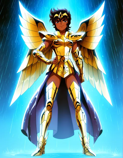 ((Highest Quality)), (Saint Seiya Style), 1girl, solo, Medium breast, thighs, hips, dark skinned, standing, full body, flat chest, hips, thighs, Smug, (Dark brown hair), light brown eyes, pixie cut, dark-skinned female, Dark Skin, dark-skinned, dark Purple...