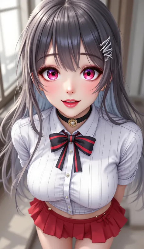 masterpiece,best quality,amazing quality, absurdres,  sakamata chloe, sakamata chloe \(gyarumata\), 1girl, black choker, black hair, blush, bow, bowtie, breasts, choker, diagonal-striped bow, diagonal-striped bowtie, diagonal-striped clothes, ear piercing,...