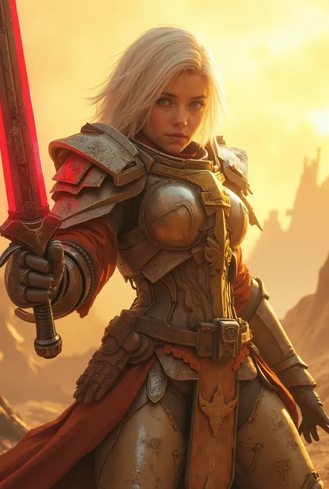 ((young female space warrior Templar from the distant future)),(is a style of the Star-Wars + Warhammer 4000),((1 short-haired female Pixie Templar, in powerful high-tech heavy armor ((Templar of the Future Stormtrooper War apparel of the future)), Templar...
